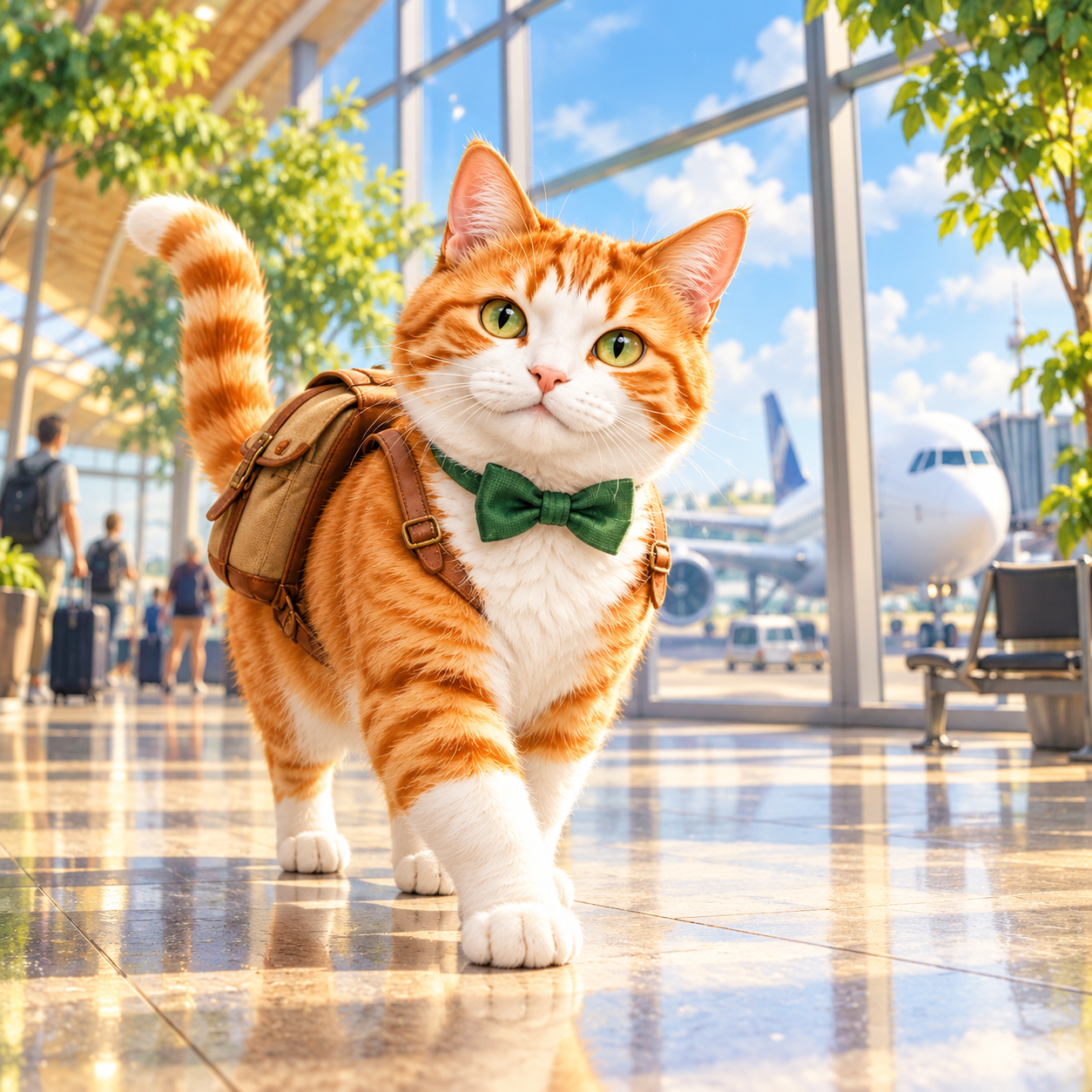 Mr Muffins walking through an airport with his travel backpack