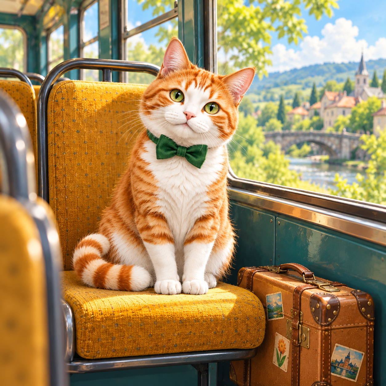 Mr Muffins sitting on a bus seat beside the window with his suitcase