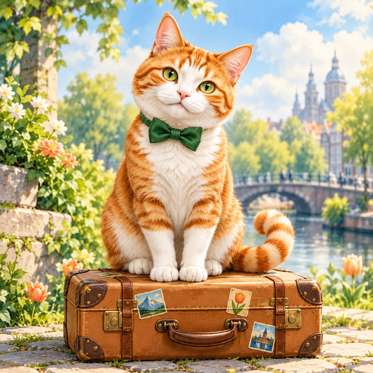 Mr Muffins wearing a green bow tie, sitting on a vintage suitcase beside an Amsterdam canal